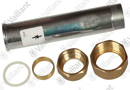 Vaillant Rohr mit Gewindeanschluss und mehreren Messingmuttern sowie Dichtungen für hydraulische Anwendungen, möglicherweise zur Nutzung in Heizsystemen.